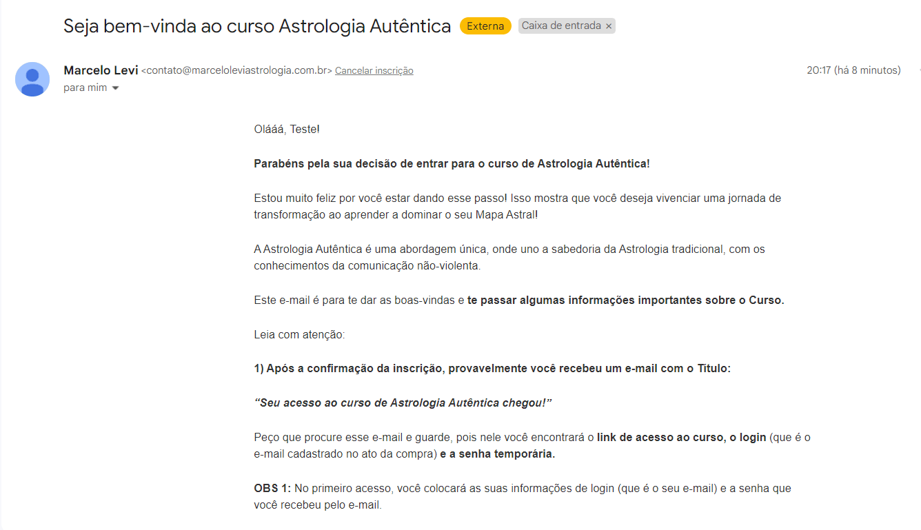 e-mail de boas-vindas